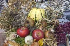 efterårsdekoration med græskar æbler mispel og løg